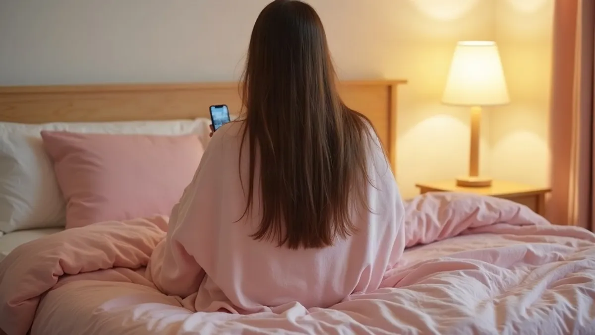 部屋のベッドでスマホを持つ後ろ姿